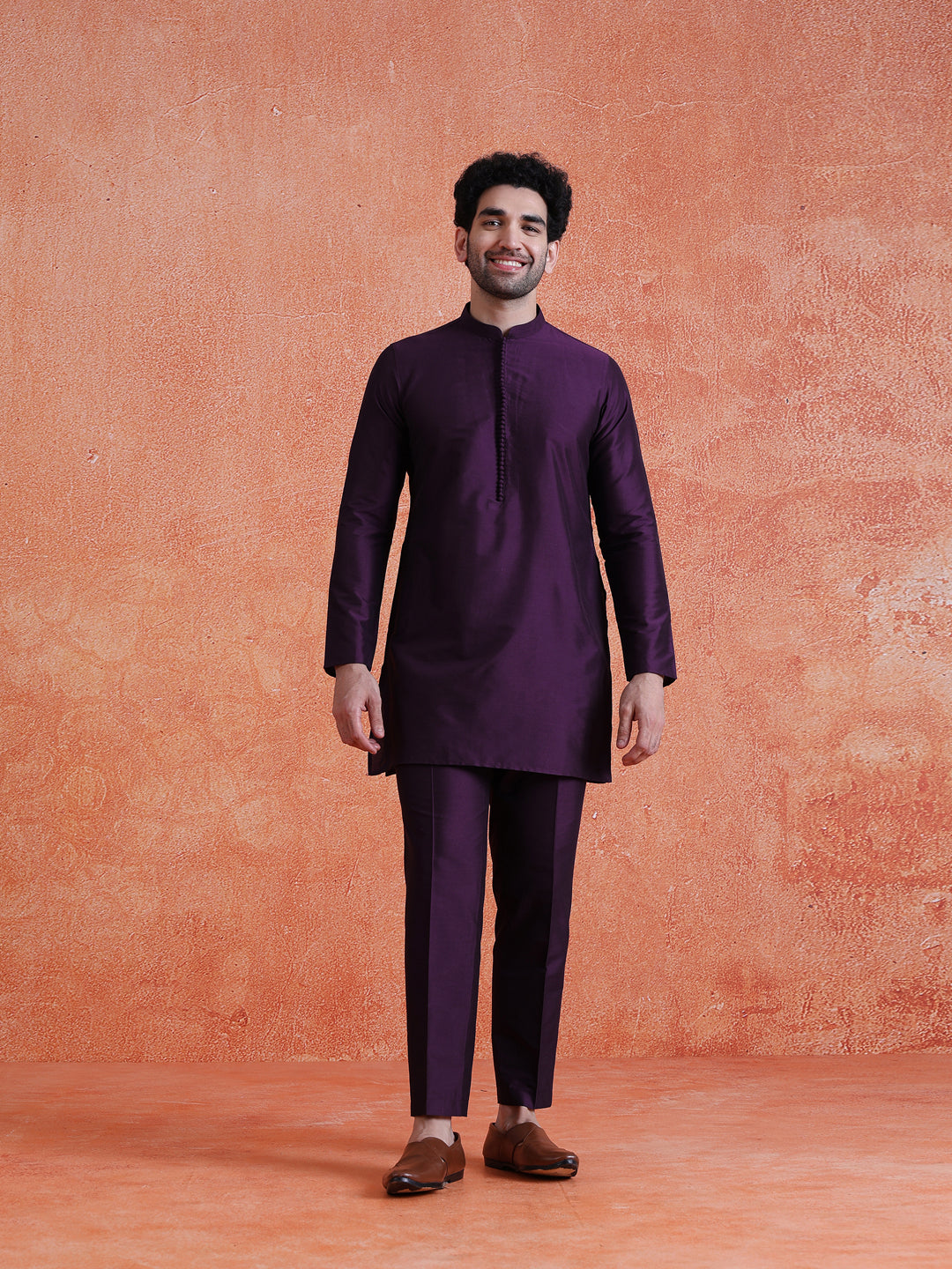 Purple Silk Blend Solid Mid Kurta For Men | SHOBITAM