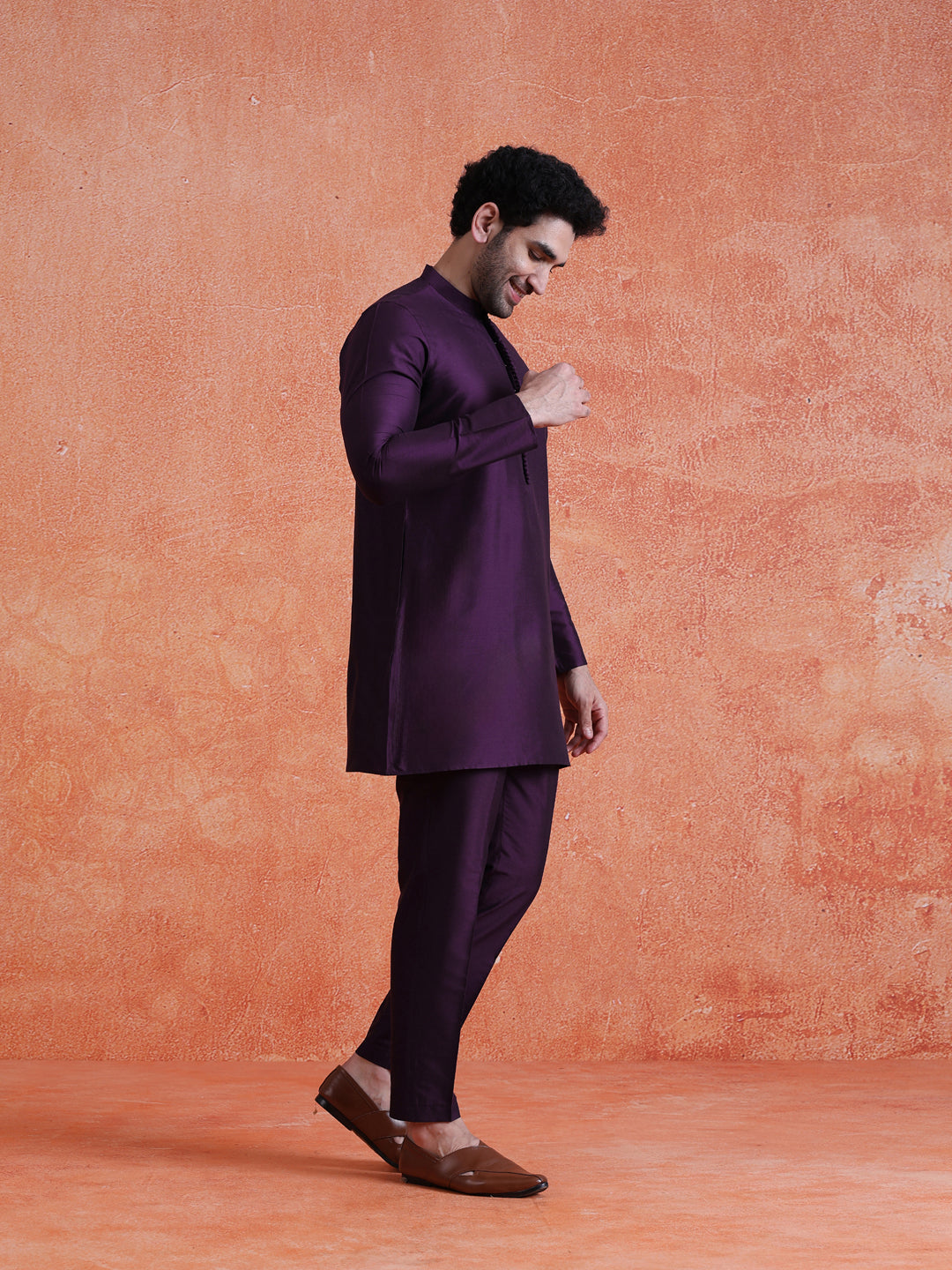 Purple Silk Blend Solid Mid Kurta Trouser Set | SHOBITAM