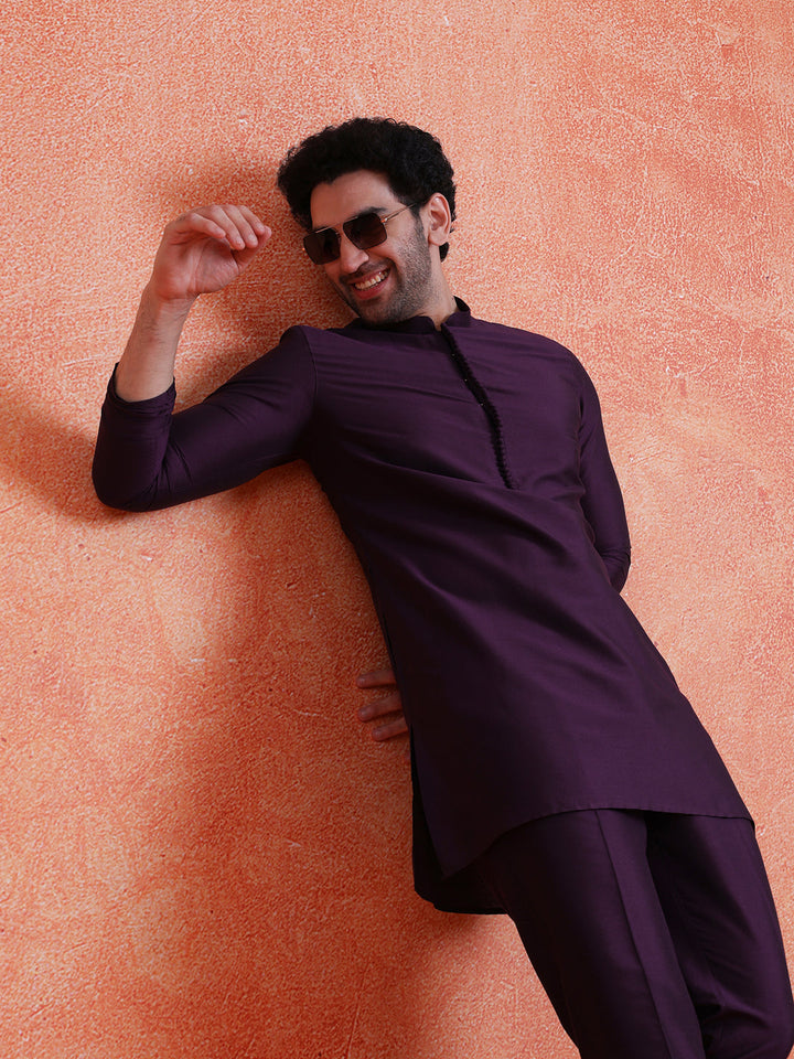Purple Silk Blend Solid Mid Kurta Trouser Set | SHOBITAM