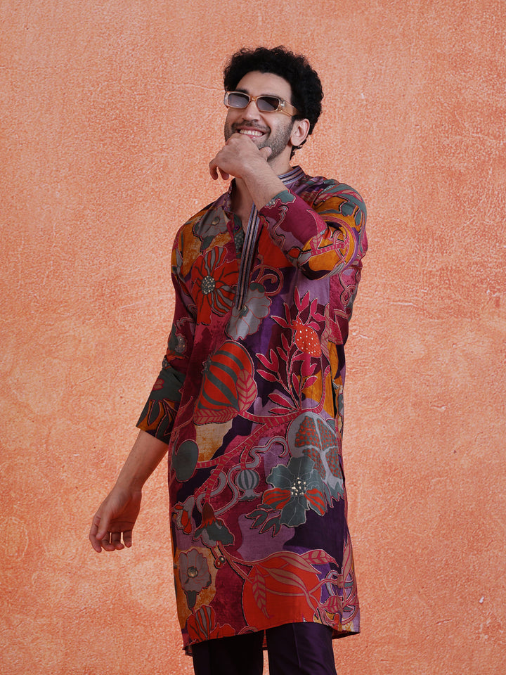Multi-Color Silk Blend Printed Long Kurta For Men | SHOBITAM