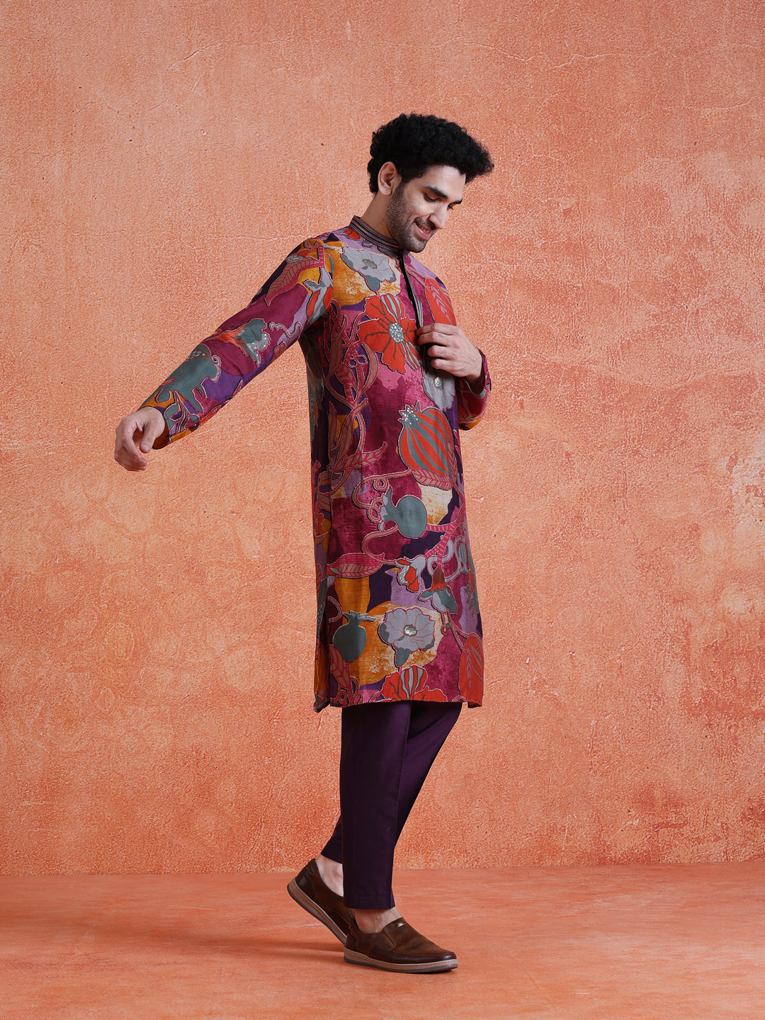 Multi-Color Silk Blend Printed Long Kurta For Men | SHOBITAM
