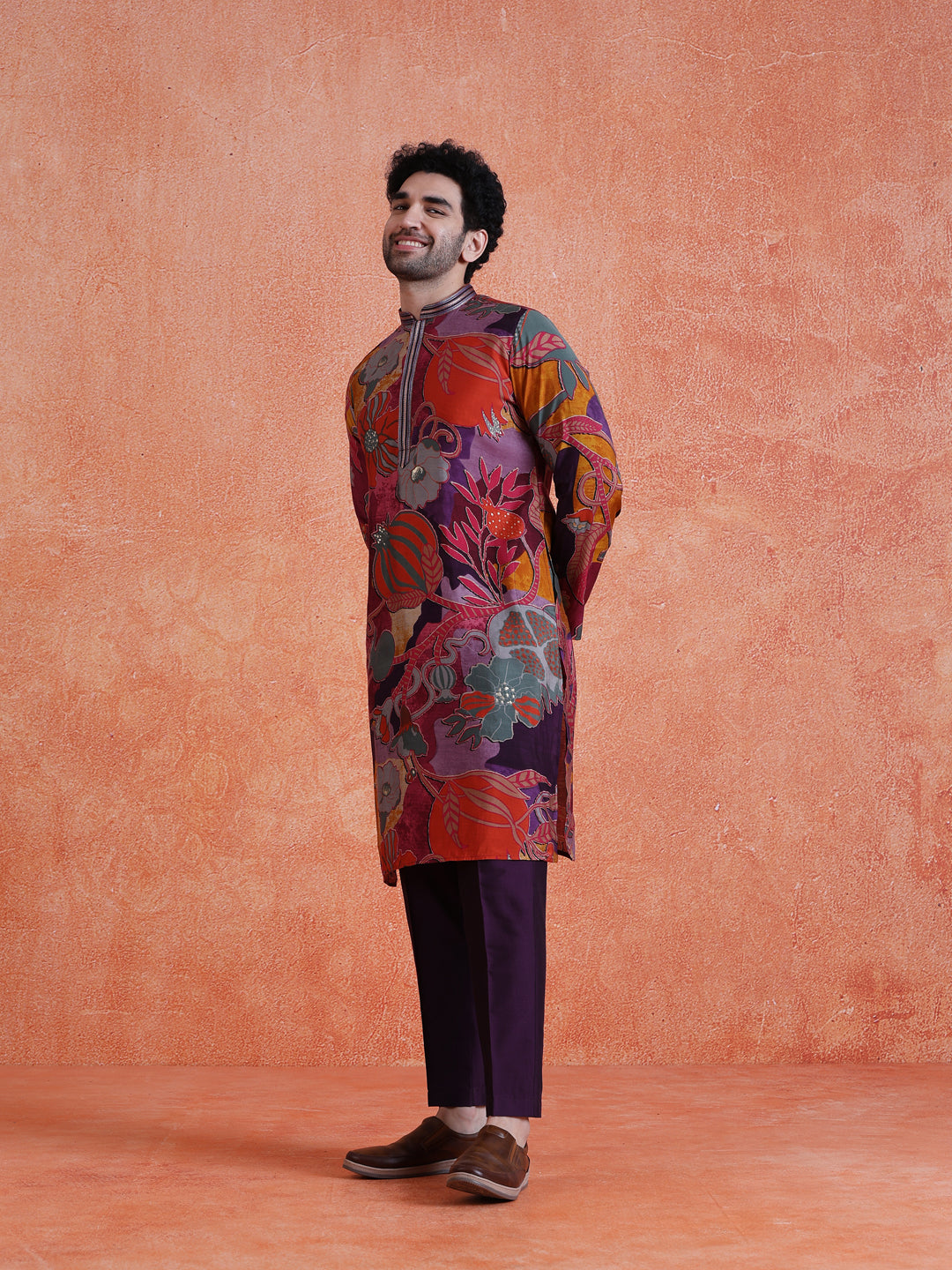 Multi-Color Silk Blend Printed Long Kurta For Men | SHOBITAM