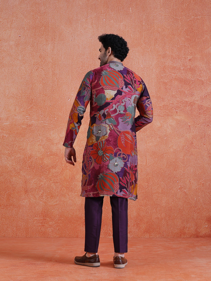 Multi-Color Silk Blend Printed Long Kurta For Men | SHOBITAM