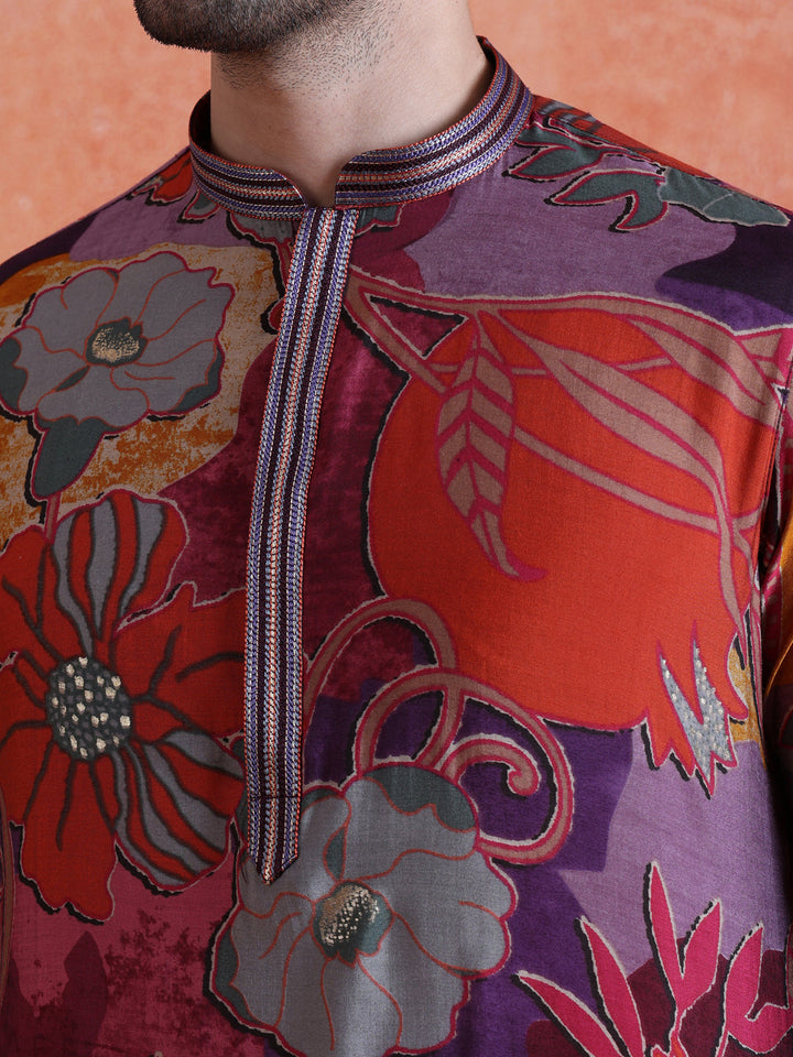 Multi-Color Silk Blend Printed Long Kurta For Men | SHOBITAM