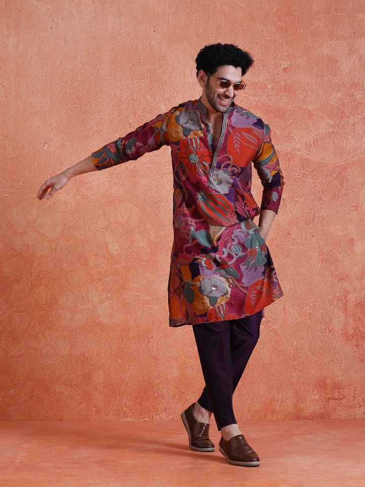Multi-Color Silk Blend Printed Long Kurta For Men | SHOBITAM