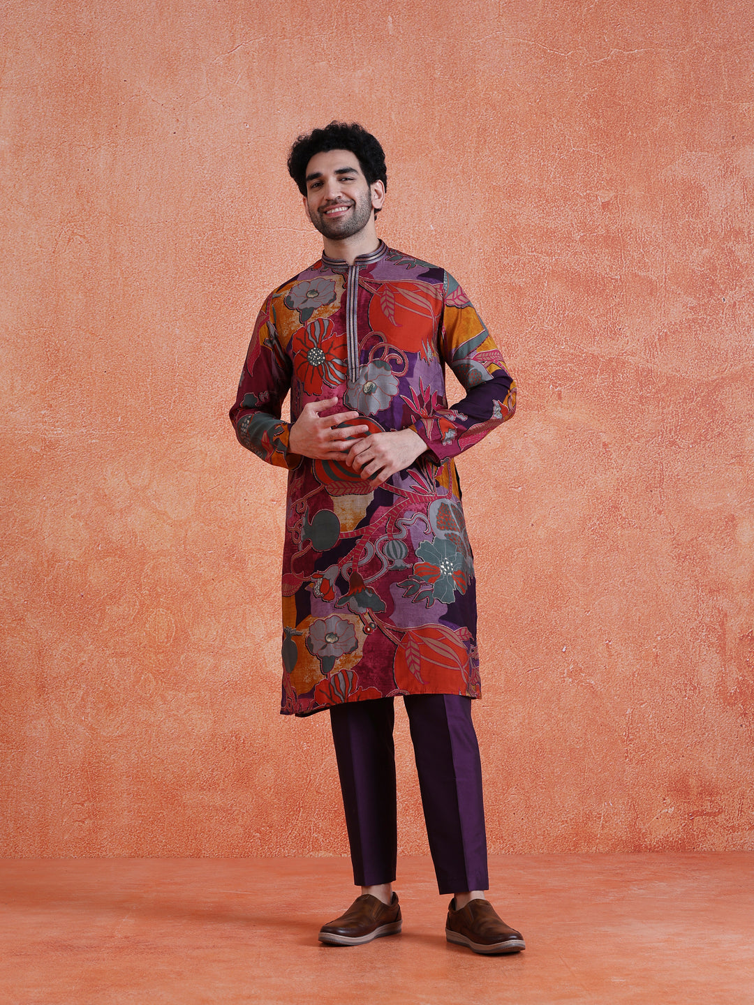 Multi-Color Silk Blend Printed Long Kurta For Men | SHOBITAM