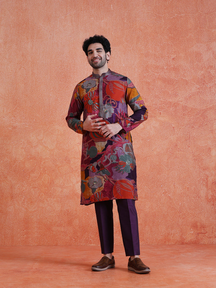 Multi-Color Silk Blend Printed Long Kurta For Men | SHOBITAM