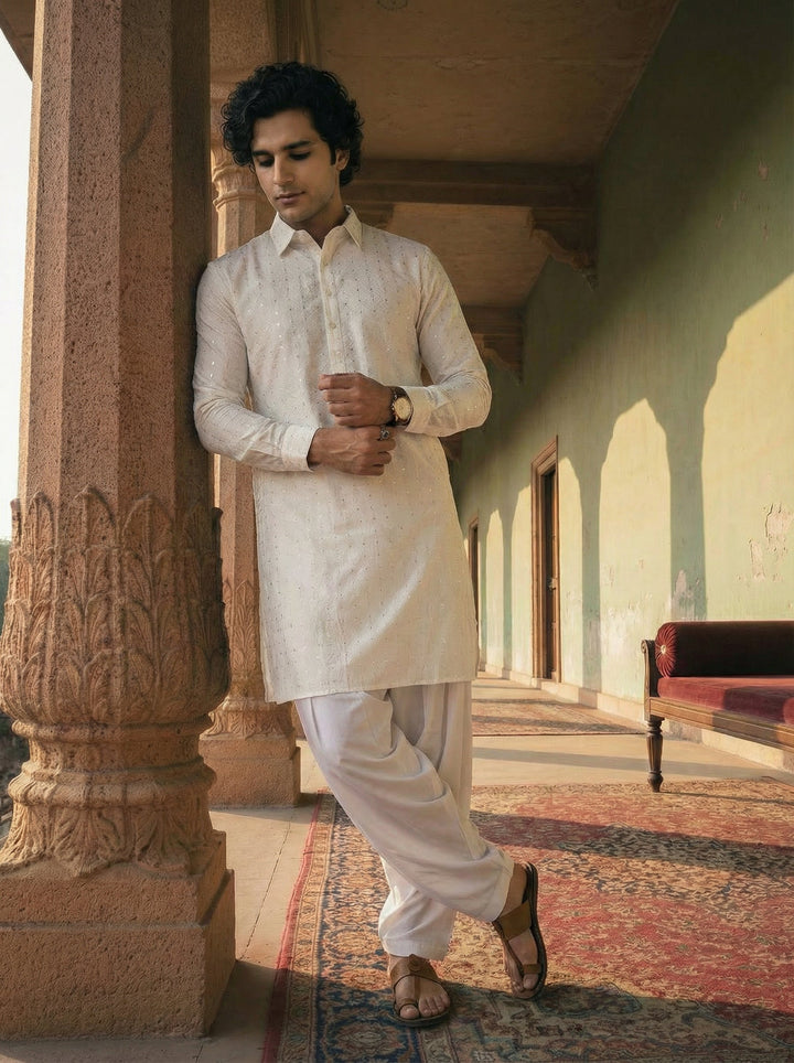 White Viscose Embellished Pathani Kurta For Men | SHOBITAM