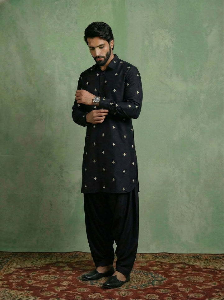 Black Cotton Embroidered Pathani Kurta For Men | SHOBITAM