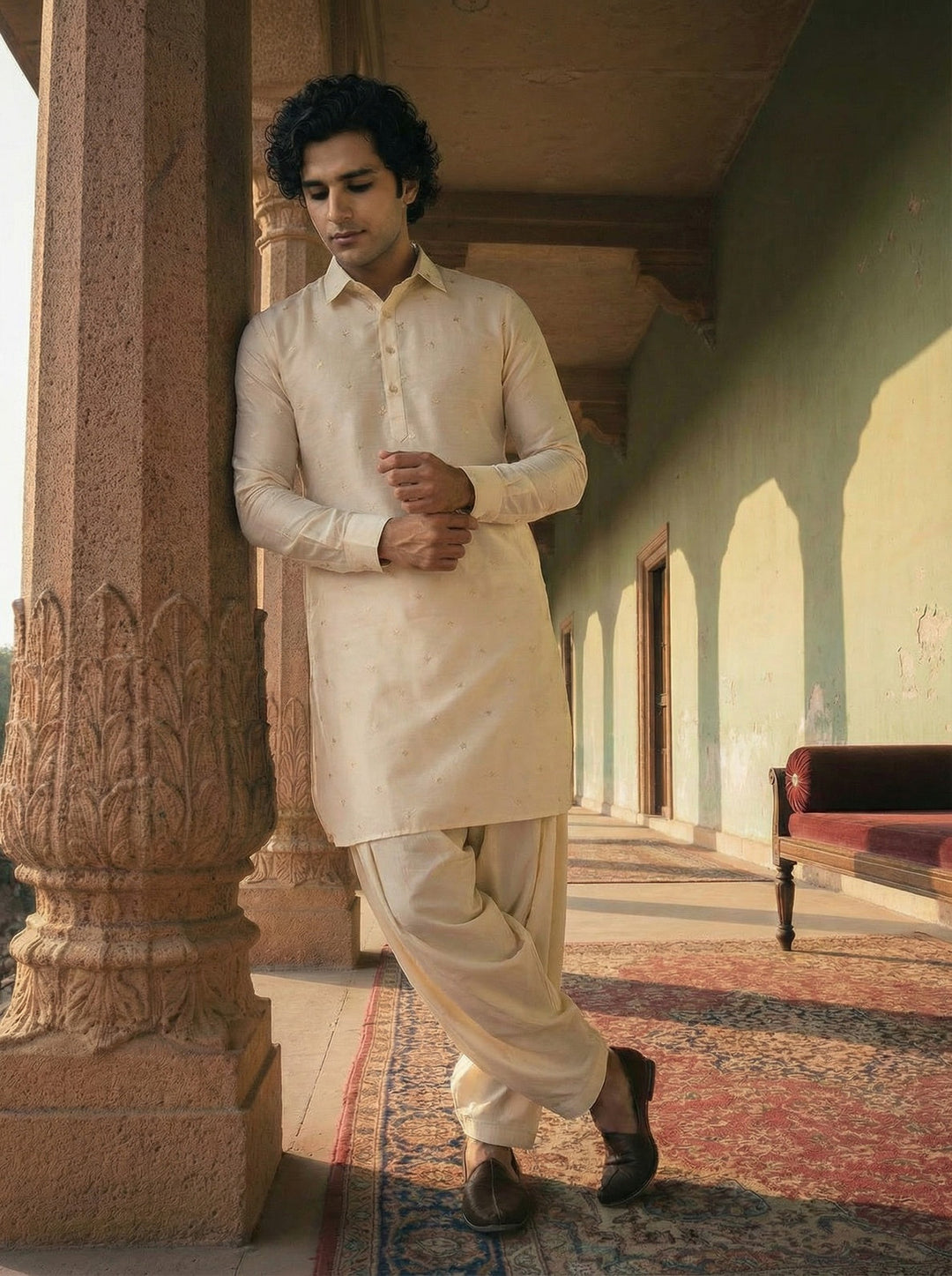Off-White Viscose Embroidered Pathani Kurta For Men | SHOBITAM