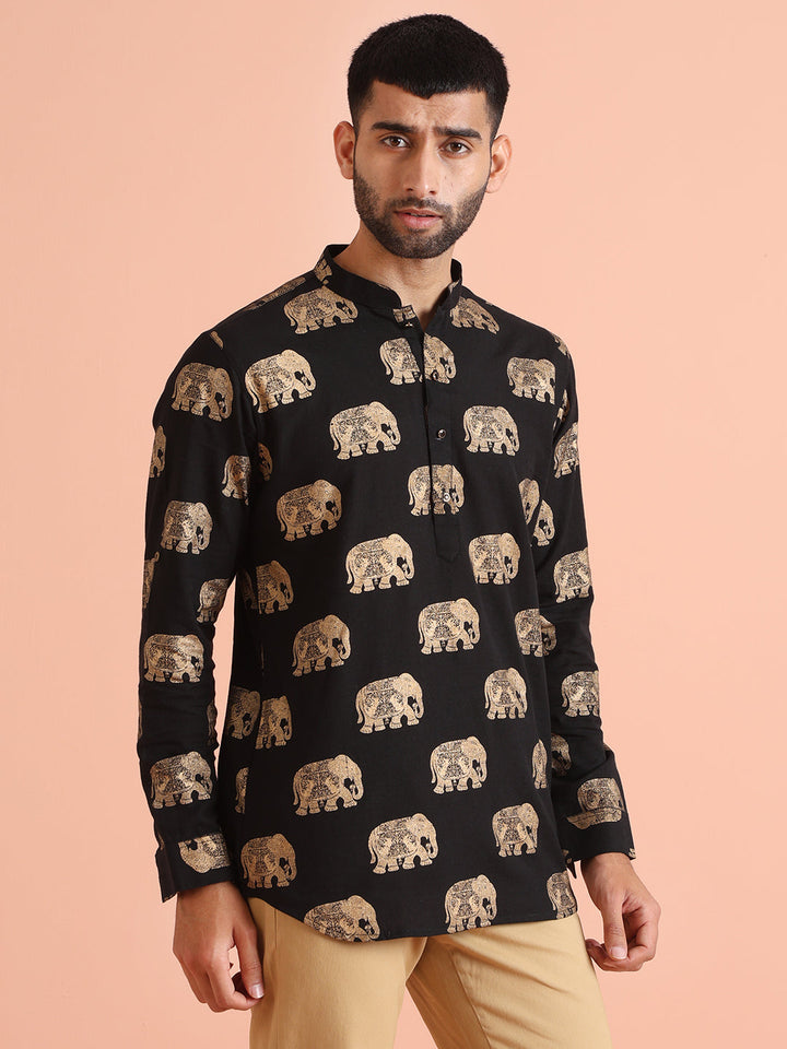 Black Elephant Print Short Kurta | SHOBITAM