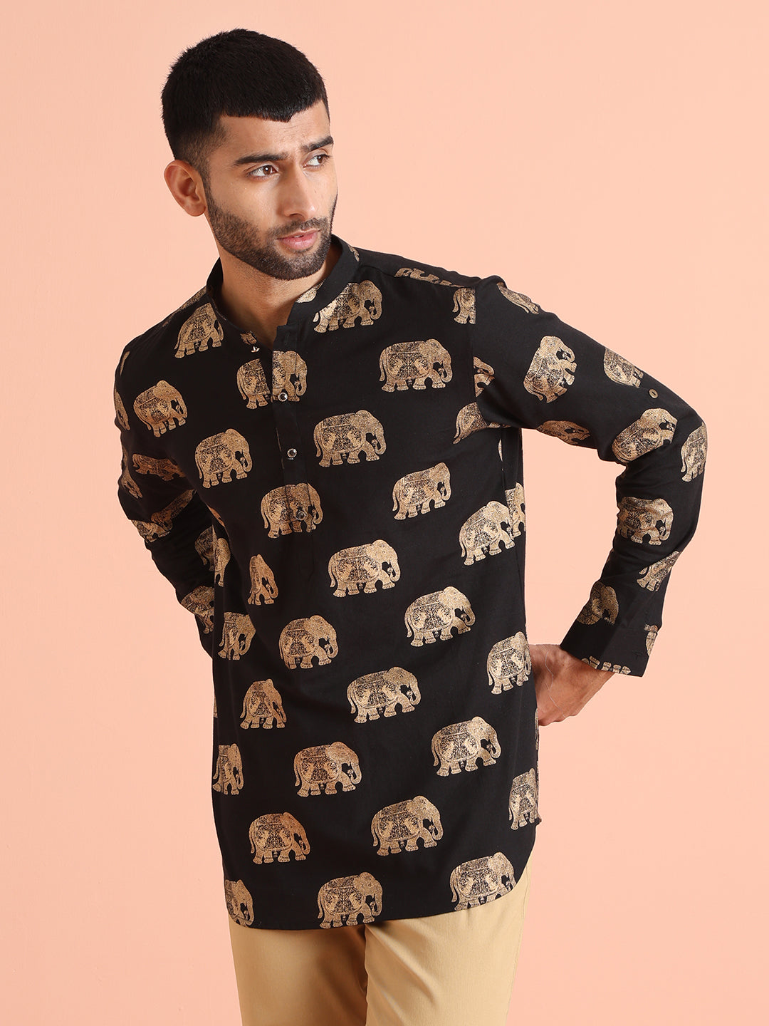 Black Elephant Print Short Kurta | SHOBITAM