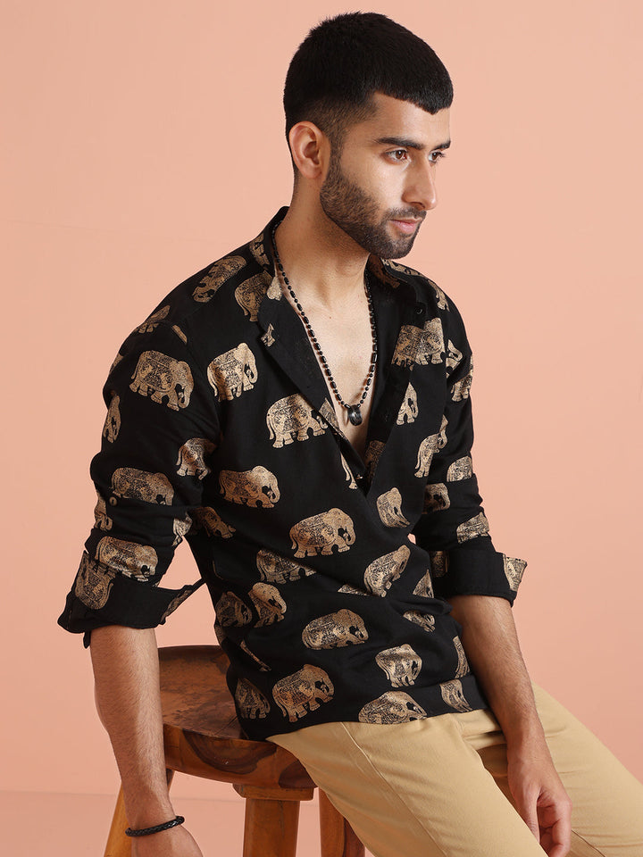 Black Elephant Print Short Kurta | SHOBITAM