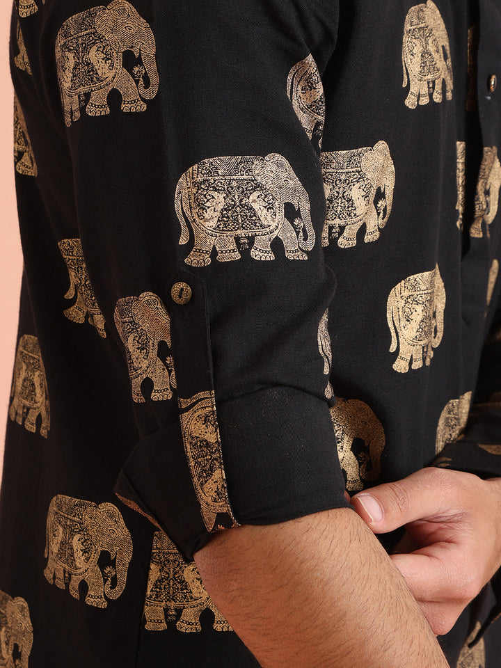 Black Elephant Print Short Kurta | SHOBITAM
