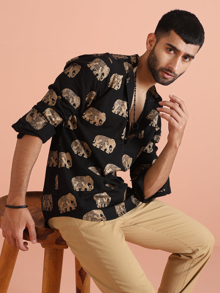 Black Elephant Print Short Kurta | SHOBITAM