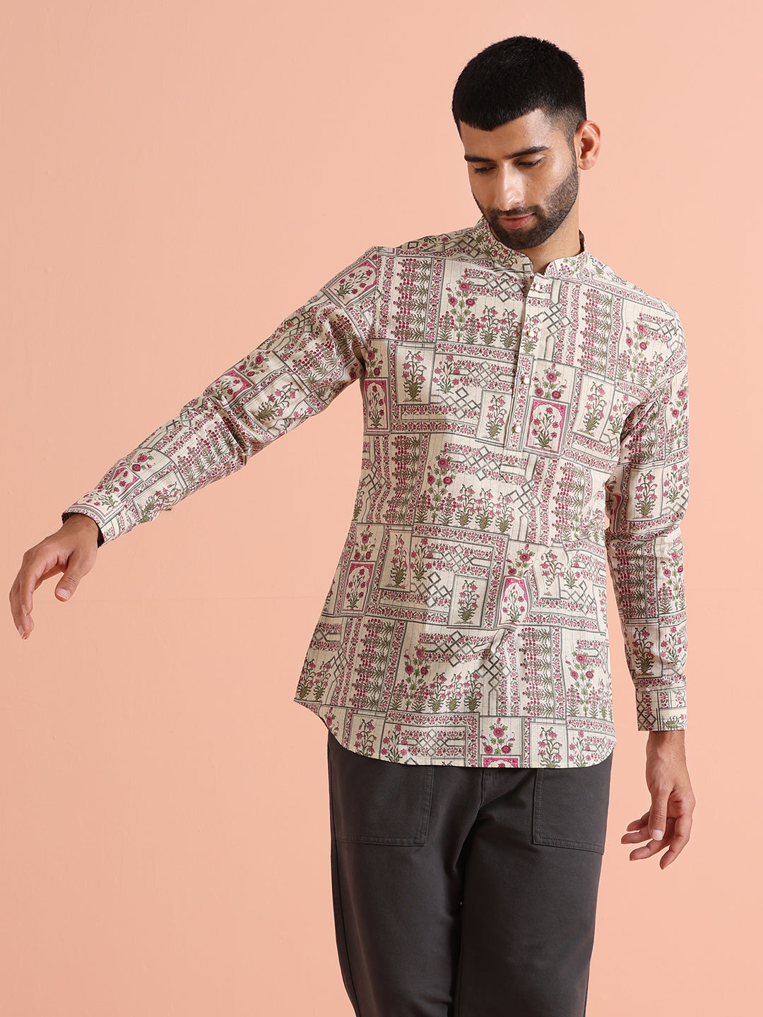 Beige Floral Printed Short Kurta | SHOBITAM