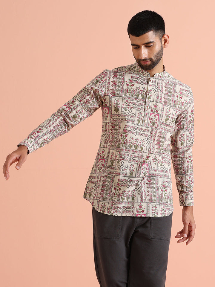 Beige Floral Printed Short Kurta | SHOBITAM