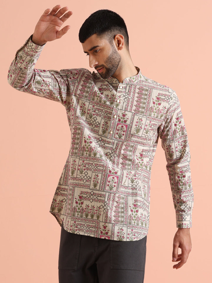 Beige Floral Printed Short Kurta | SHOBITAM