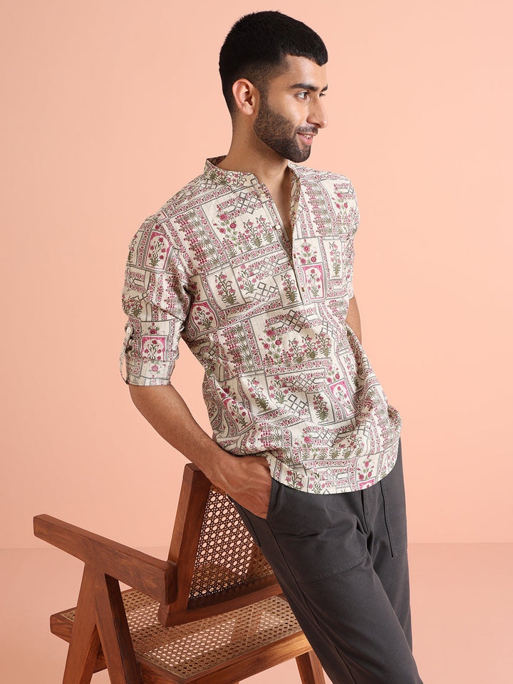 Beige Floral Printed Short Kurta | SHOBITAM