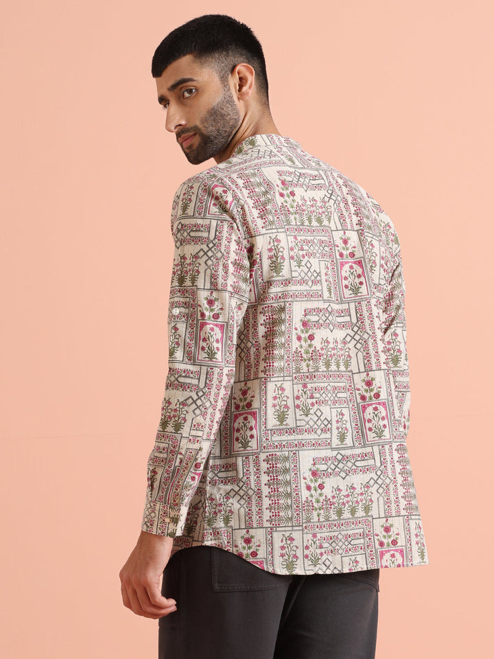 Beige Floral Printed Short Kurta | SHOBITAM