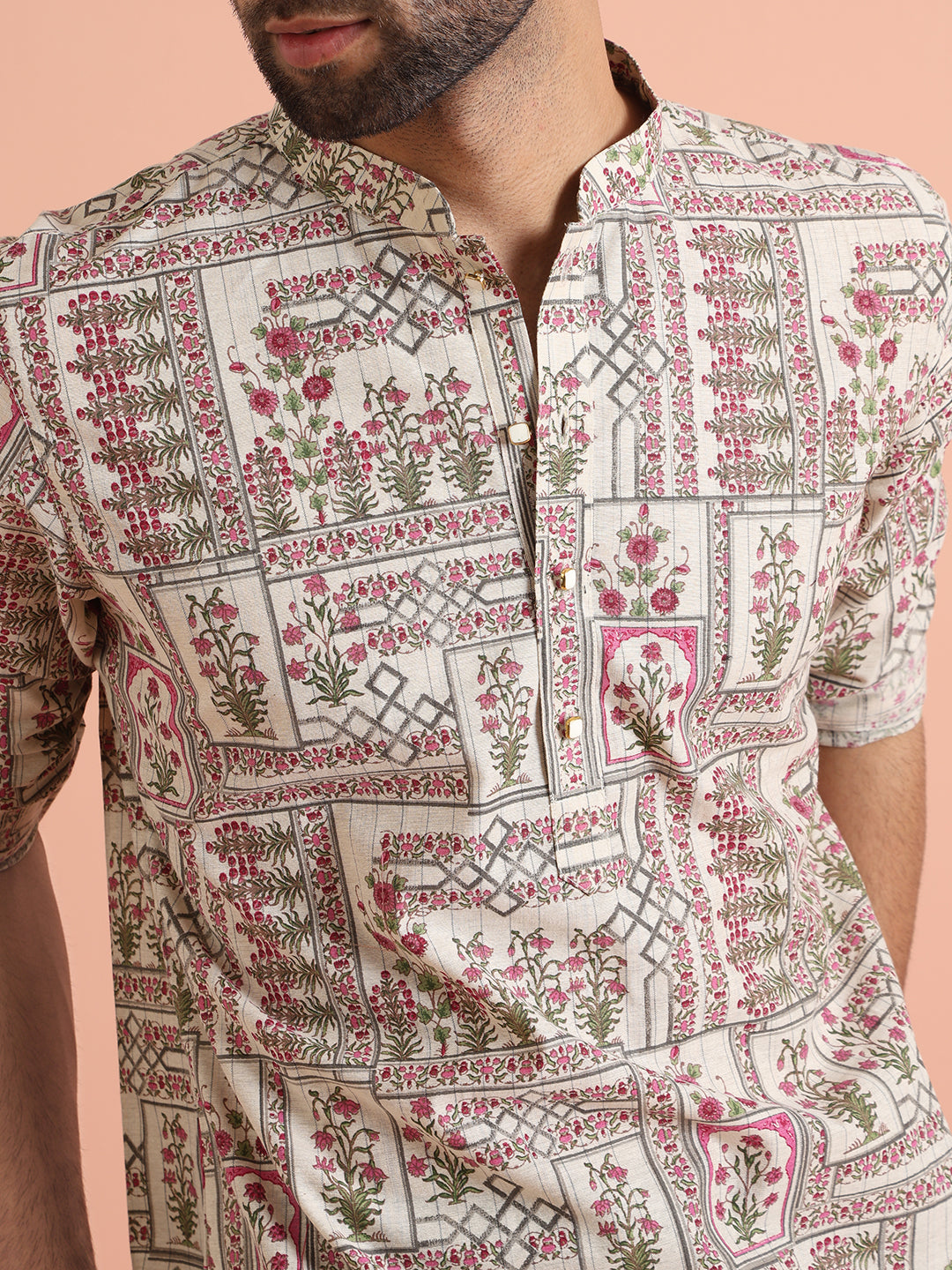 Beige Floral Printed Short Kurta | SHOBITAM