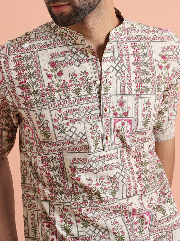 Beige Floral Printed Short Kurta | SHOBITAM