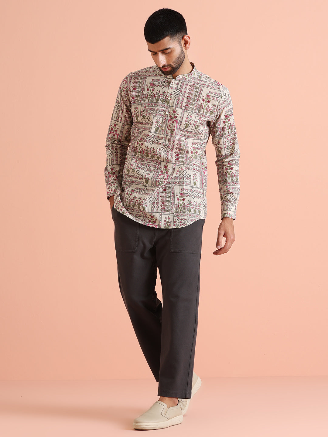 Beige Floral Printed Short Kurta | SHOBITAM