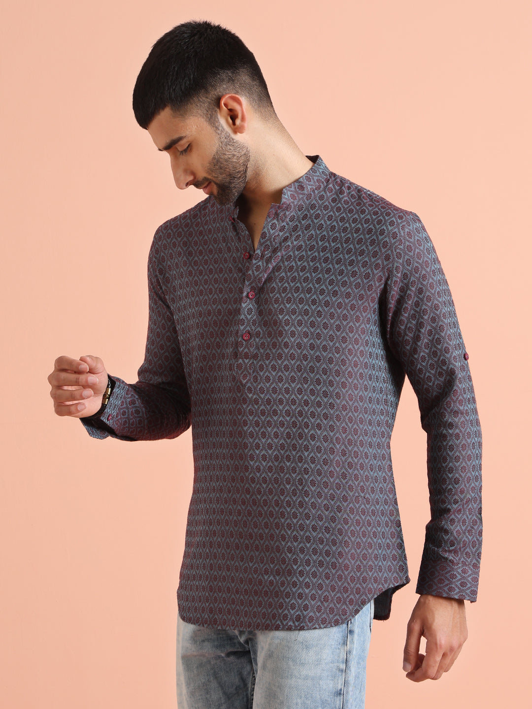 Maroon Blue Printed Short Kurta | SHOBITAM