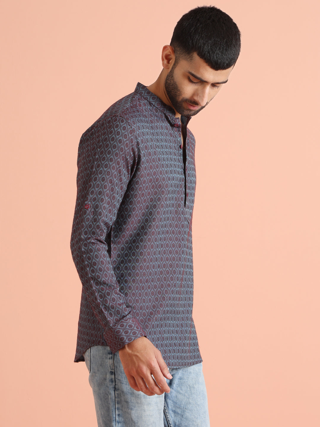 Maroon Blue Printed Short Kurta | SHOBITAM