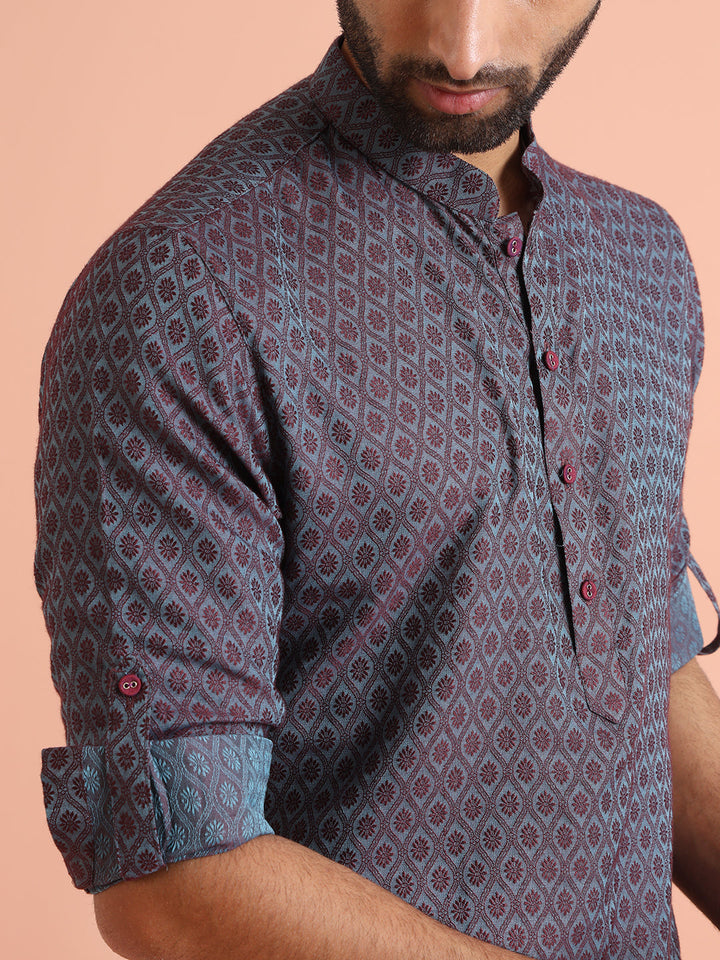Maroon Blue Printed Short Kurta | SHOBITAM