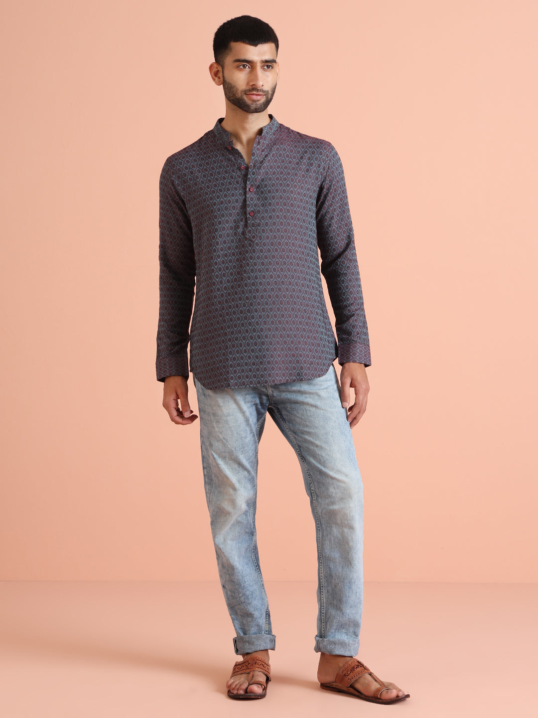 Maroon Blue Printed Short Kurta | SHOBITAM