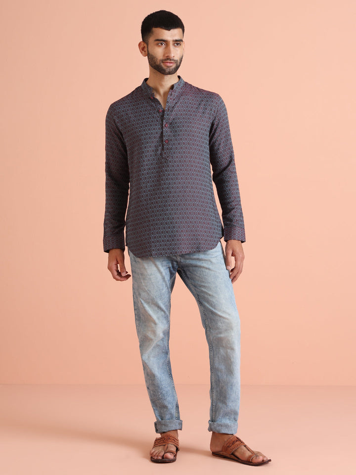 Maroon Blue Printed Short Kurta | SHOBITAM