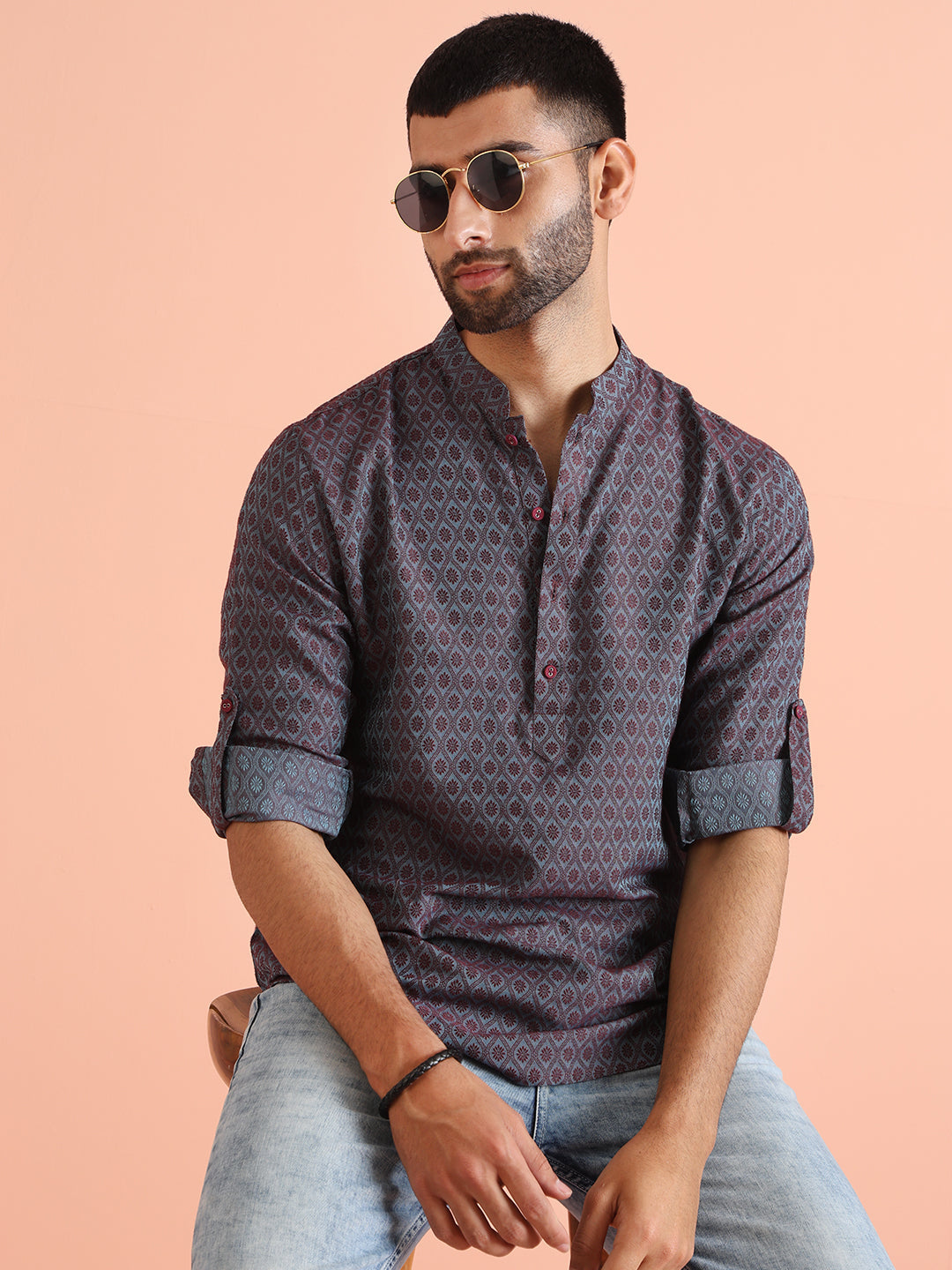 Maroon Blue Printed Short Kurta | SHOBITAM