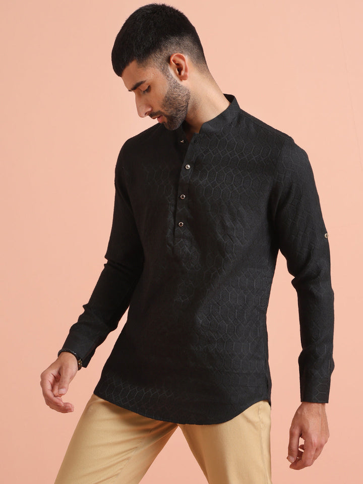 Black Self-Textured Short Kurta | SHOBITAM