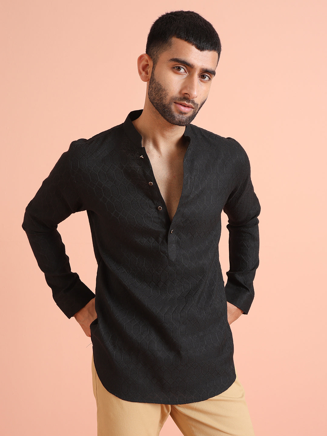 Black Self-Textured Short Kurta | SHOBITAM