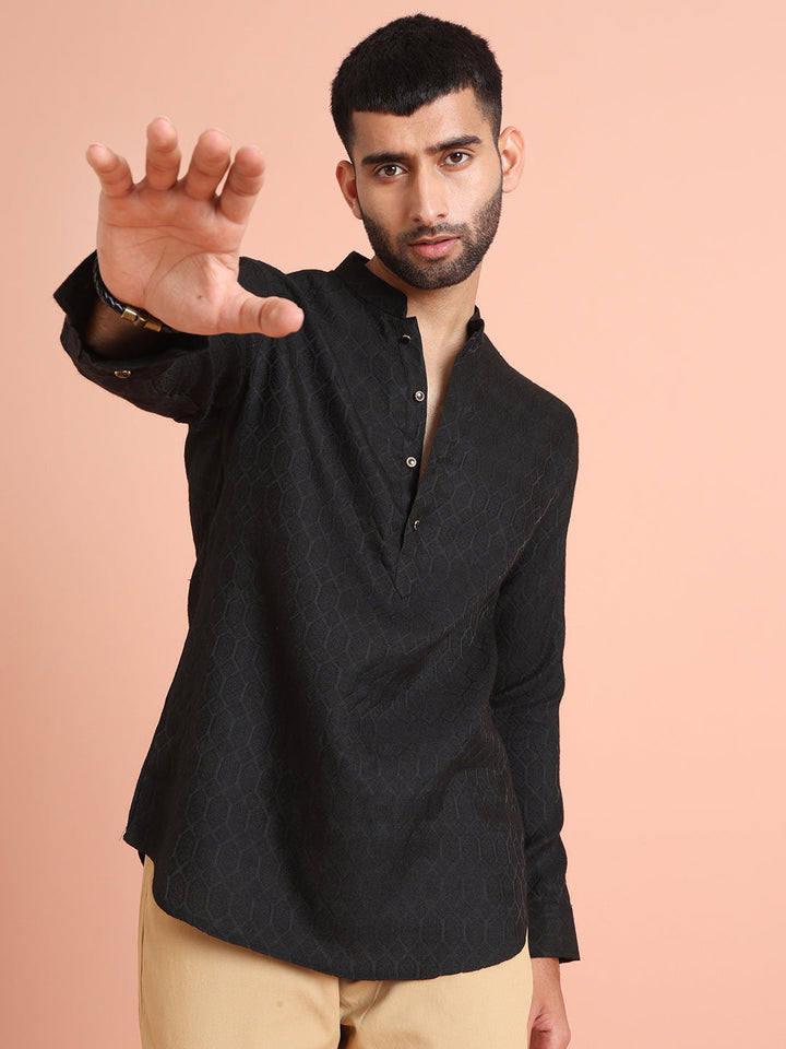Black Self-Textured Short Kurta | SHOBITAM