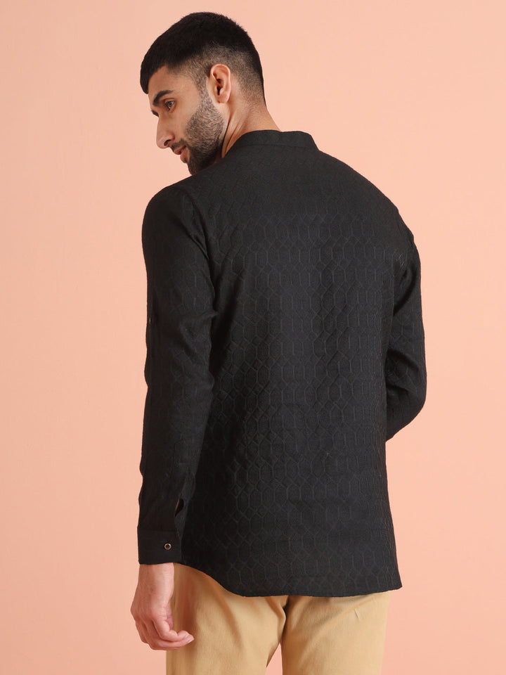Black Self-Textured Short Kurta | SHOBITAM