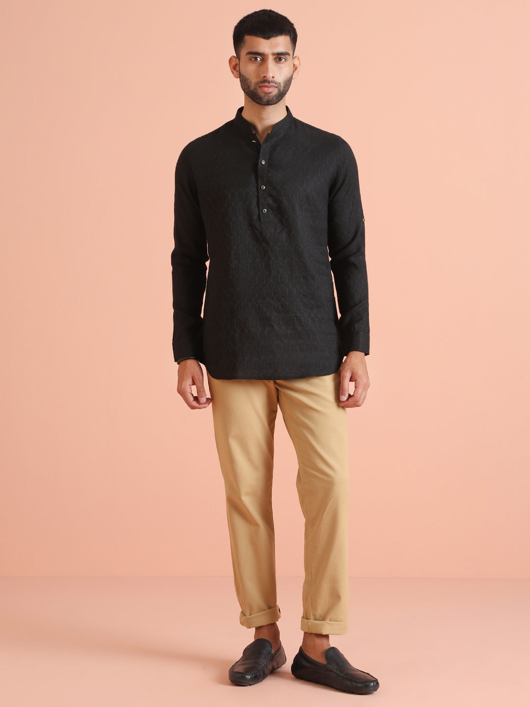 Black Self-Textured Short Kurta | SHOBITAM