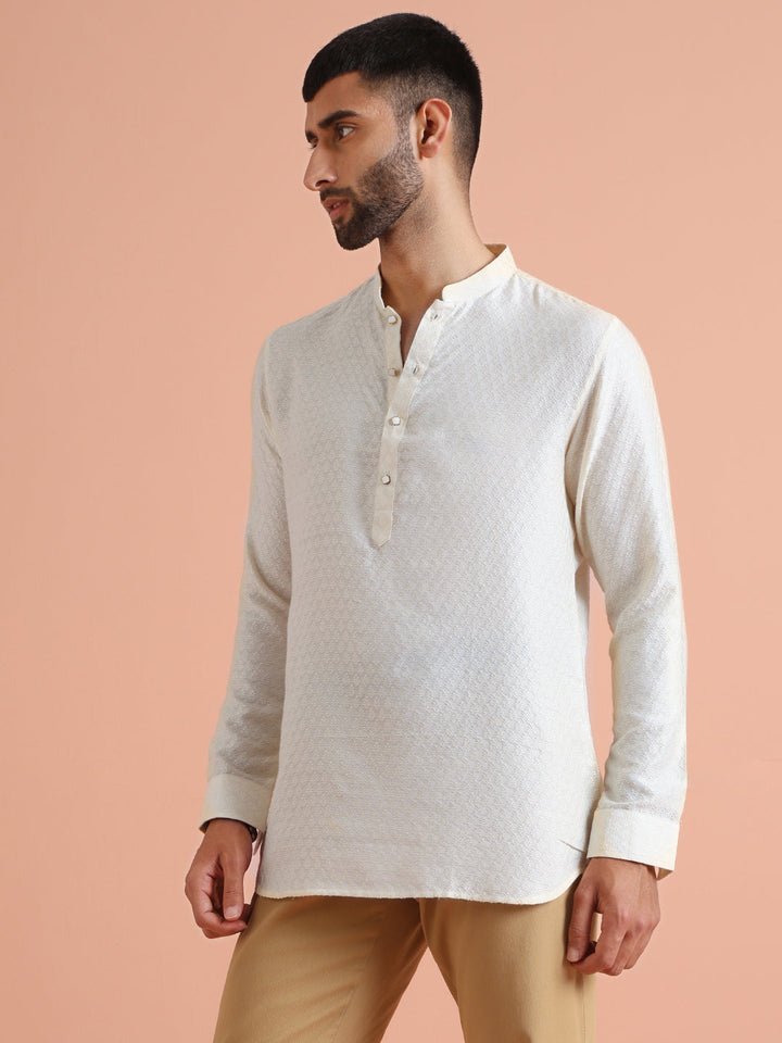 Cream Silk Blend Textured Short Kurta | SHOBITAM