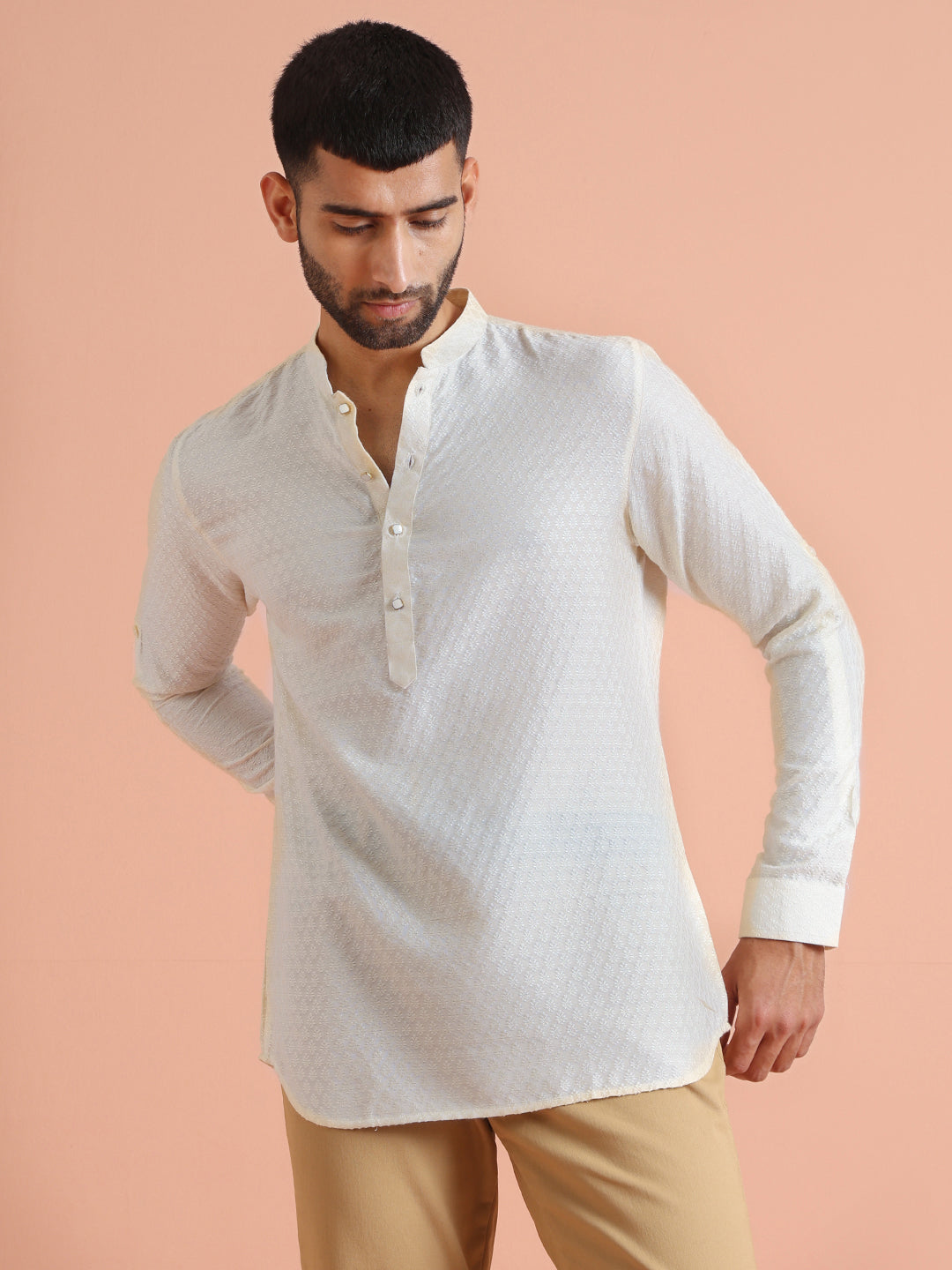 Cream Silk Blend Textured Short Kurta | SHOBITAM