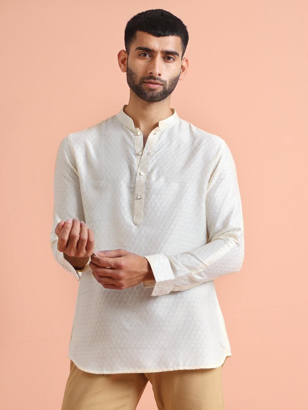Cream Silk Blend Textured Short Kurta | SHOBITAM