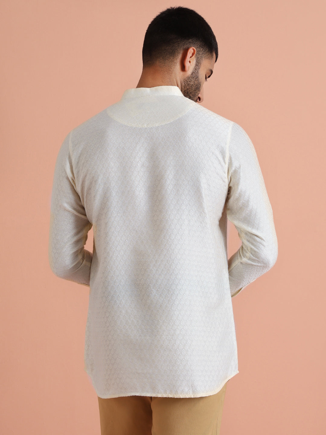 Cream Silk Blend Textured Short Kurta | SHOBITAM