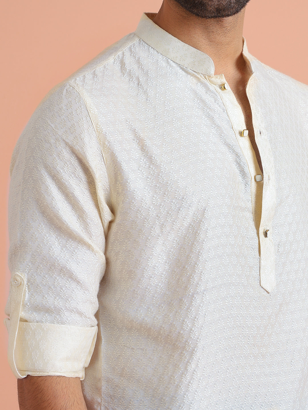 Cream Silk Blend Textured Short Kurta | SHOBITAM
