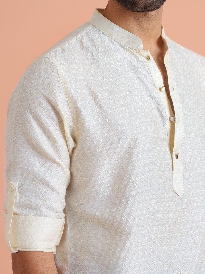 Cream Silk Blend Textured Short Kurta | SHOBITAM