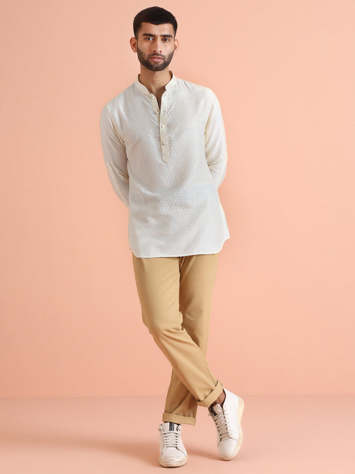 Cream Silk Blend Textured Short Kurta | SHOBITAM