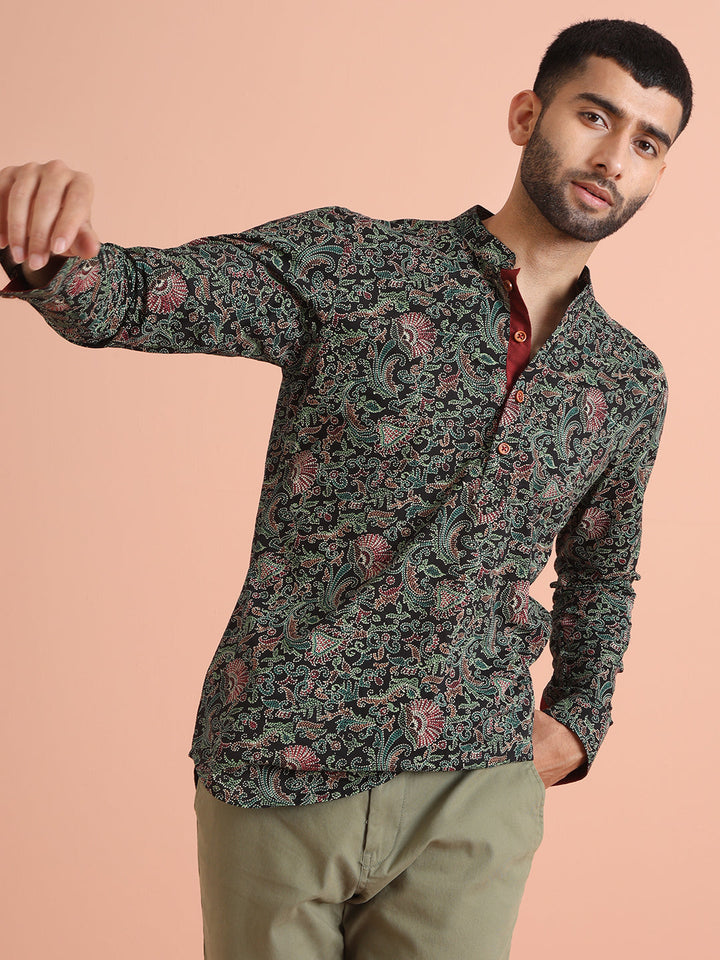 Black Cotton Printed Short Kurta | SHOBITAM