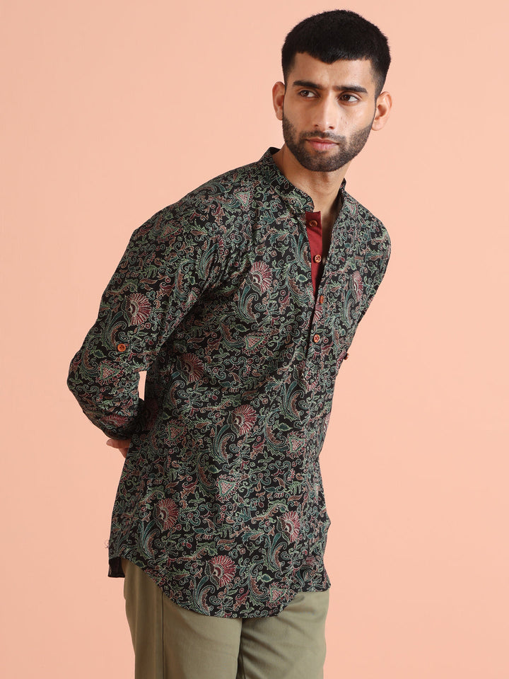 Black Cotton Printed Short Kurta | SHOBITAM