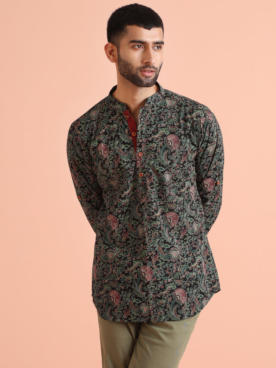 Black Cotton Printed Short Kurta | SHOBITAM
