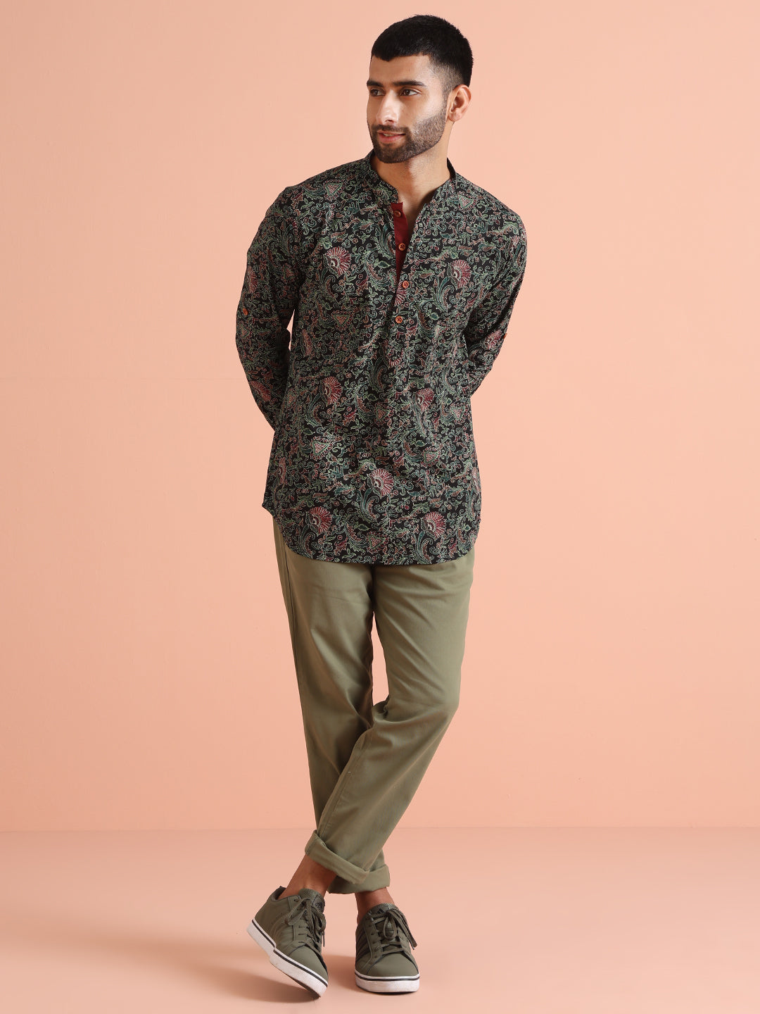 Black Cotton Printed Short Kurta | SHOBITAM