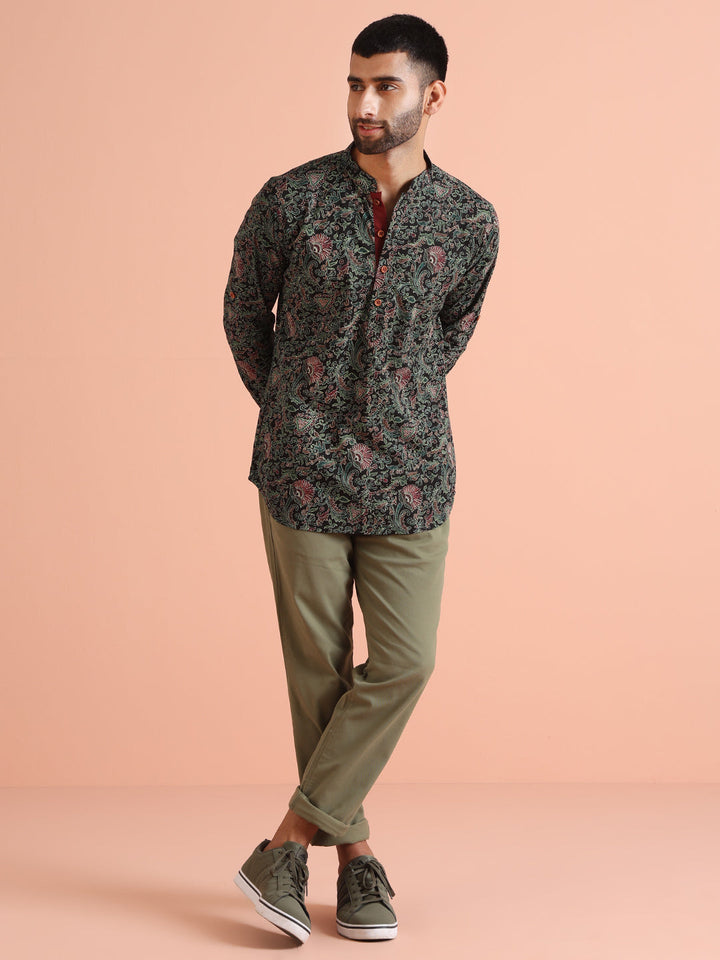 Black Cotton Printed Short Kurta | SHOBITAM